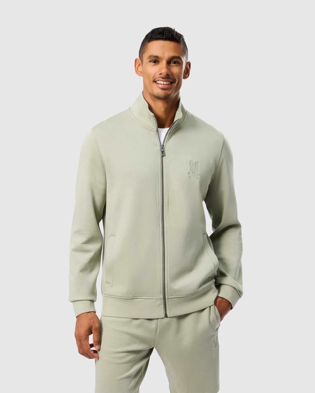 Sweat a Capuche Psycho Bunny Lyons High Collar Full Zip Seagrass Homme | WFG-88653449